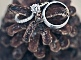 show off your wedding rings on an oversized pinecone showing that this is a winter wedding