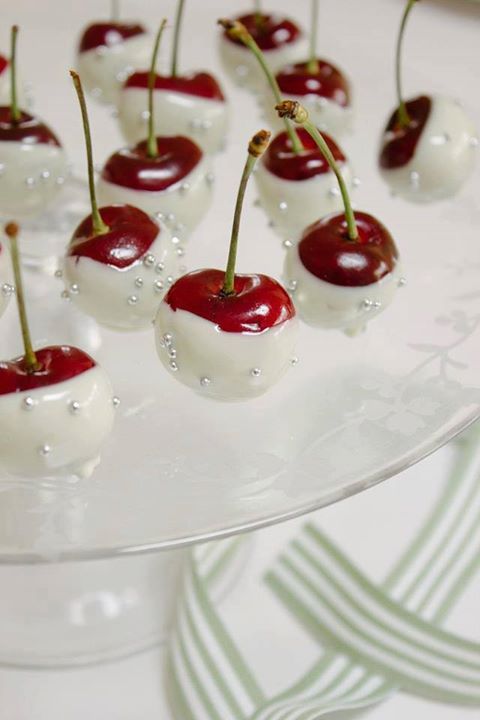 white chocolate cherries with silver beads are delicious sweets for a NYE wedding or any other one