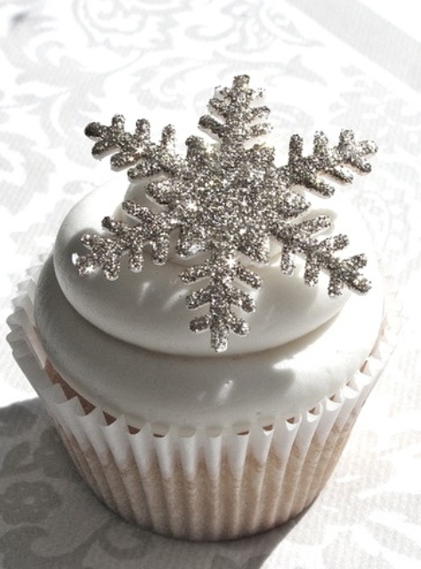 a cupcake topped with a silver glitter snowflake is a lovely dessert idea for a shiny and glam winter wedding