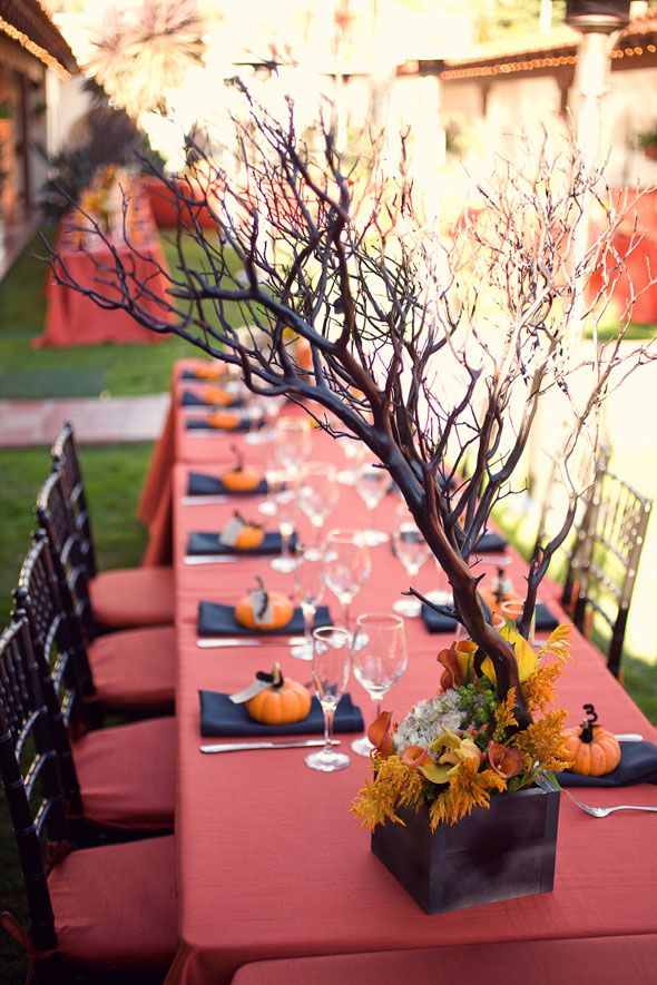 A stylish rustic Halloween wedding tablescape with a red tablecloth, black napkins, pumpkins, a planter with branches and bright blooms and leaves