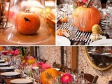 a stylish and bold Halloween wedding tablescape with a striped table runner, pumpkins, a glitter table number and some branches plus bright blooms