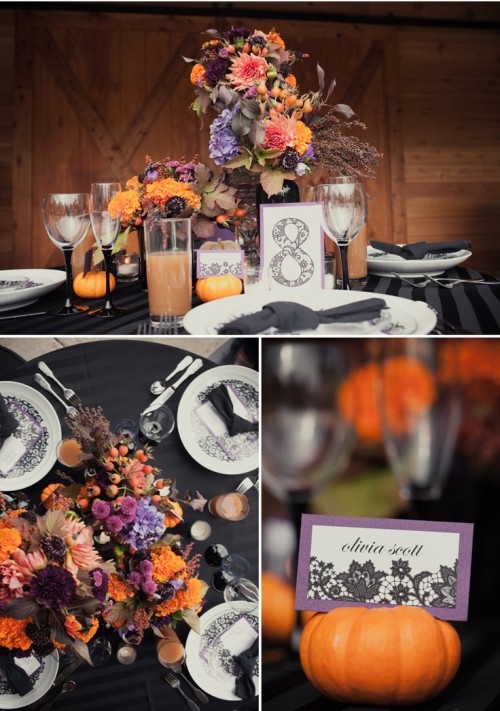 a bold and chic Halloween wedding tablescape with black linens, super bold and chic florals, pumpkins and white plates