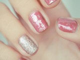 pink patterned nails and a gold glitter accent one for a whimsy look with a touch of gold and pattern