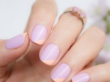 bold color block wedding nails – lilac and orange ones – are great for a colorful spring or summer wedding