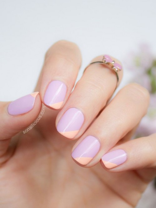 bold color block wedding nails - lilac and orange ones - are great for a colorful spring or summer wedding