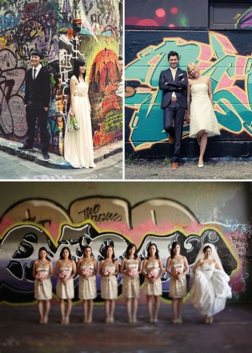 bold wedding portraits done in the backdrop of colorful and cool graffiti are amazing for a modern big city wedding