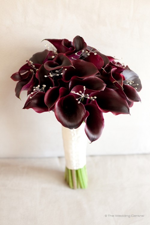 a deep purple callas wedidng bouquet with beads is a statement-like idea for a Halloween or fall wedding