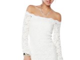 a lace off the shoulder fitting mini dress with long sleeves is a sexy and timeless idea for a daring gal