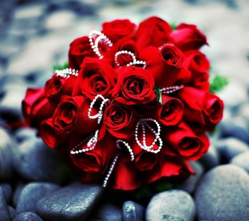 a refined red rose wedding bouquet with rhinestones is a bold glam idea for a Valentine's Day bride