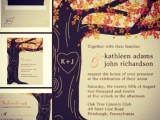 whimsy woodland wedding invitation suite with a tree and a heart cut out on it for a fall wedding