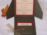 a dark green and burgundy wedding invitation suite with elegant calligraphy for a chic fall wedding