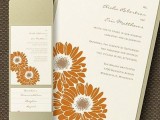 a fall wedding invitation suite done in olive green and rust blooms looks pretty and retro-like