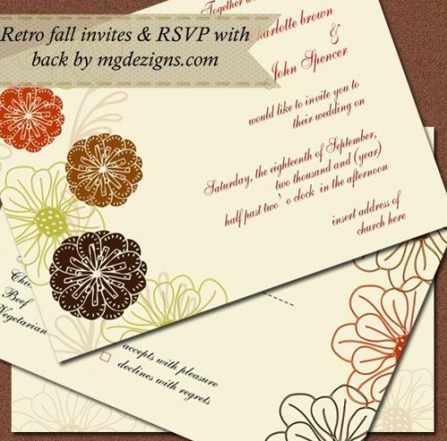 a bright wedding invitation suite with bold flower blooms and vingettes printed on it