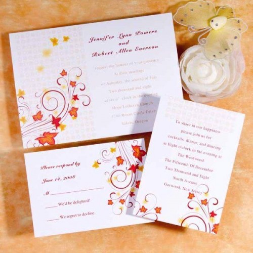 bright fall wedding invitations with bold fall leaves and red calligraphy look very chic and cool