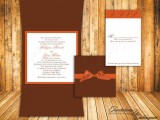 a chocolate brown and orange wedding invitation suite with ribbons and monograms is a timeless idea