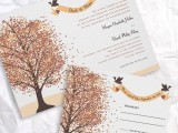 a bold wedding invitation suite with fall trees printed, birds and calligraphy for a bold look