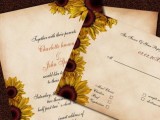 a traditional fall wedding invitation suite with sunflowers printed on the edges