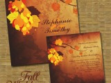bold fall wedding invitations done in burgundy, chocolate brown, orange and yellow with leaf prints