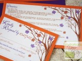 super colorful fall wedding invitaitons with purple and orange leaves and trees printed on them