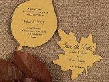cute fall leaf-shaped wedding invitations with calligraphy are a nice and cool idea