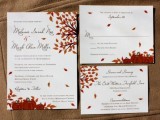 a bright fall wedding invitation suite with bright fall leaves printed is a timeless idea for a fall wedding