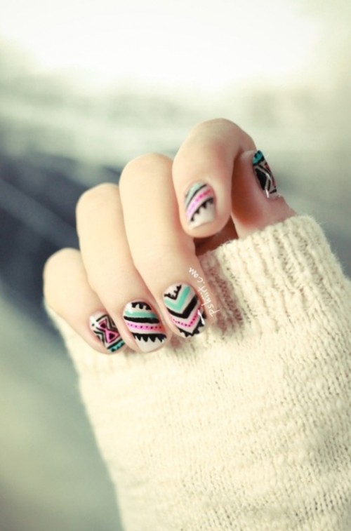 black, white, turquoise and pink wedding nails with boho and tribal patterns are a very cool and bold idea to rock