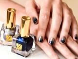 navy and gold glitter gradient nails are a bold and cool idea for a boho or some other manicure