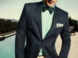 if you need a more formal look, try a graphite grey suit, a mint shirt and a printed bow tie