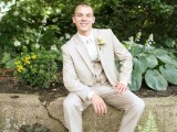a tan three-piece groom’s suit with a white shirt and a bow tie is suitable for a more formal wedding but choose lighter fabrics