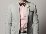 a light grey suit, a light pink shirt, a striped bow tie is a timeless combo for summer