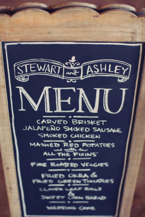 a navy and white chalkboard-style menu in a wooden frame is a cool idea for decorating