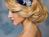 navy and white lace plus a pearl headpiece to accent a refined vintage bridal look