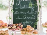 a vintage dessert table with a chalkboard covered with greenery and pink blooms and lots of homey sweets