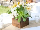a modern meets rustic wedding centerpiece of a plywood planter, a large succulent, white and yellow blooms and billy balls