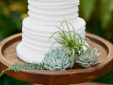 a white striped buttercream wedding cake decorated with succulents and an air plant is a stylish idea for a modern wedding