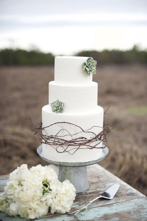 a sleek white buttercream wedding cake decorated with succulents and twigs is a lovely solution for a desert or boho minimmalist wedding