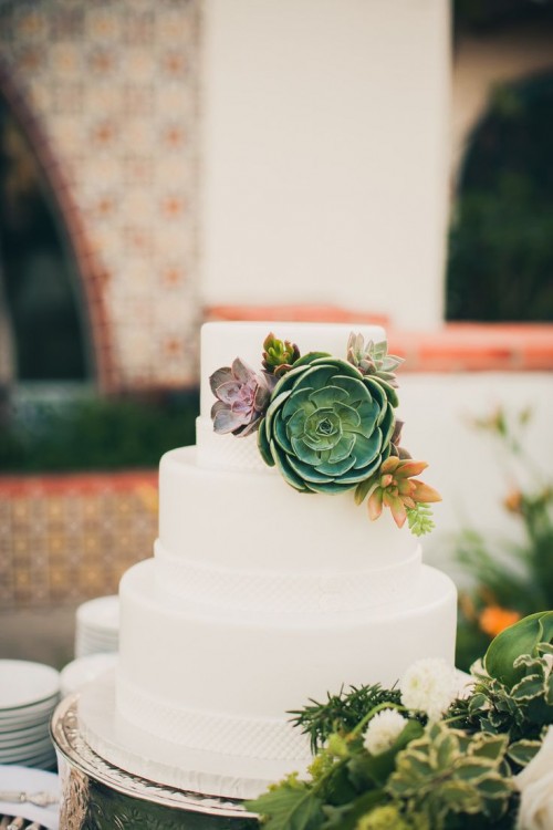 a sleek white buttercream wedding cake with decor composed of various types of succulents, in various colors, is a lovely idea for many weddings