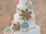 a sleek white buttercream wedding cake decorated with sugar and usual succulents of various colors is a stylish idea to rock