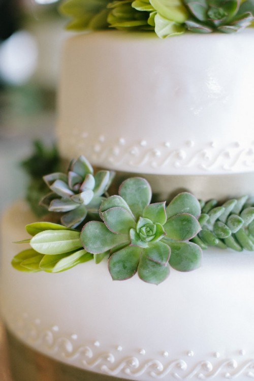 a white buttercream wedding cake decorated with greenery and succulents placed on the tiers is a lovely idea for a modern neutral wedding