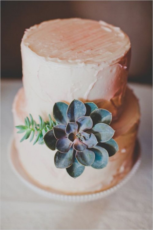 a blush textural buttercream wedding cake decorated with greenery and an oversized succulent is a lovely idea for a delicate pastel wedding