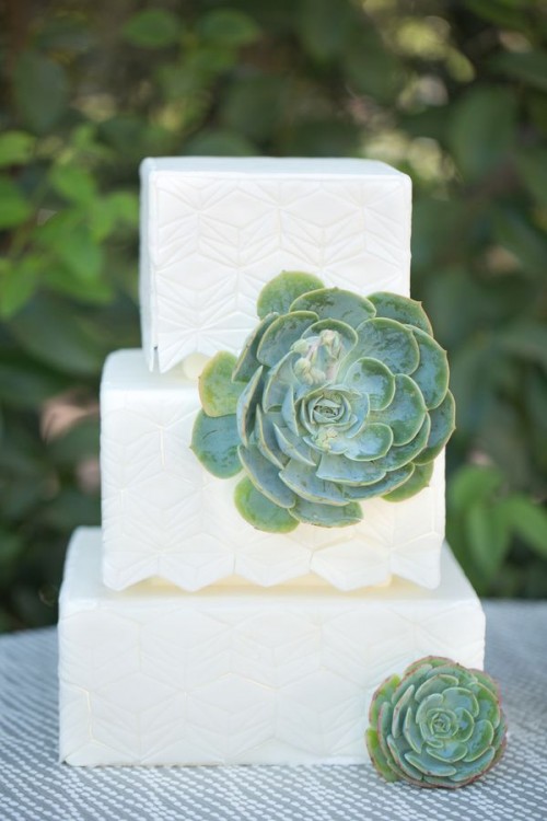 a white buttercream square wedding cake with patterns and large fresh succulents is a cool solution for a modern wedding