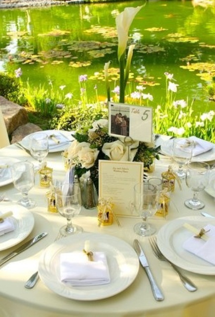 a stylish summer wedding tablescape with white and green blooms, neutral linens and cutlery and yellow favor boxes