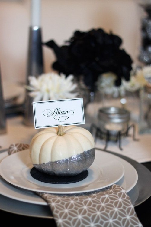 a cool white and silver glitter pumpkin as a wedding favor and a card holder at the same time is a lovely piece that you can DIY