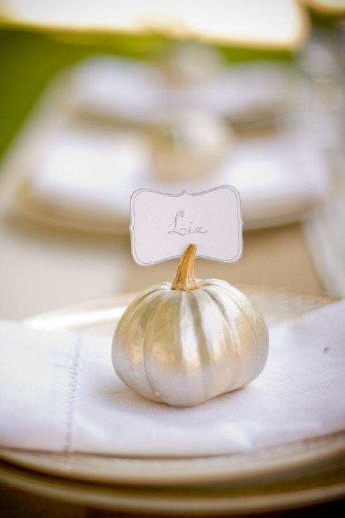 a gilded pumpkin card holder works as a Thanksgiving wedding favor or just as decor and can be used for any fall wedding
