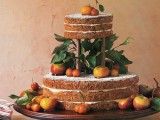 a two-tier naked wedding cake with greenery and caramel and chocolate dipped apples and fruit is a creative idea