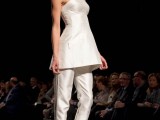 a vintage-inspired bridal pantsuit with a strapless long top and fitting pants plus white shoes with bows