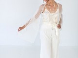 a white top, white palazzo pants, a sheer coverup, layered necklaces for a casual and chic bridal look