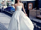 a chic girlish pantsuit with fitting pants and a white strapless top with a long skirt plus heels looks wow
