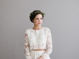 a romantic lace bridal separate with a crop top with a high neckline and long sleeves and a long A-line skirt for a boho bride