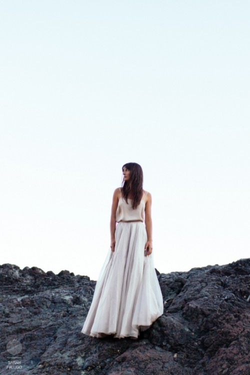 a simple and very casual bridal separate with a blush spaghetti strap top and a a neutral layered tulle skirt is a stylish idea